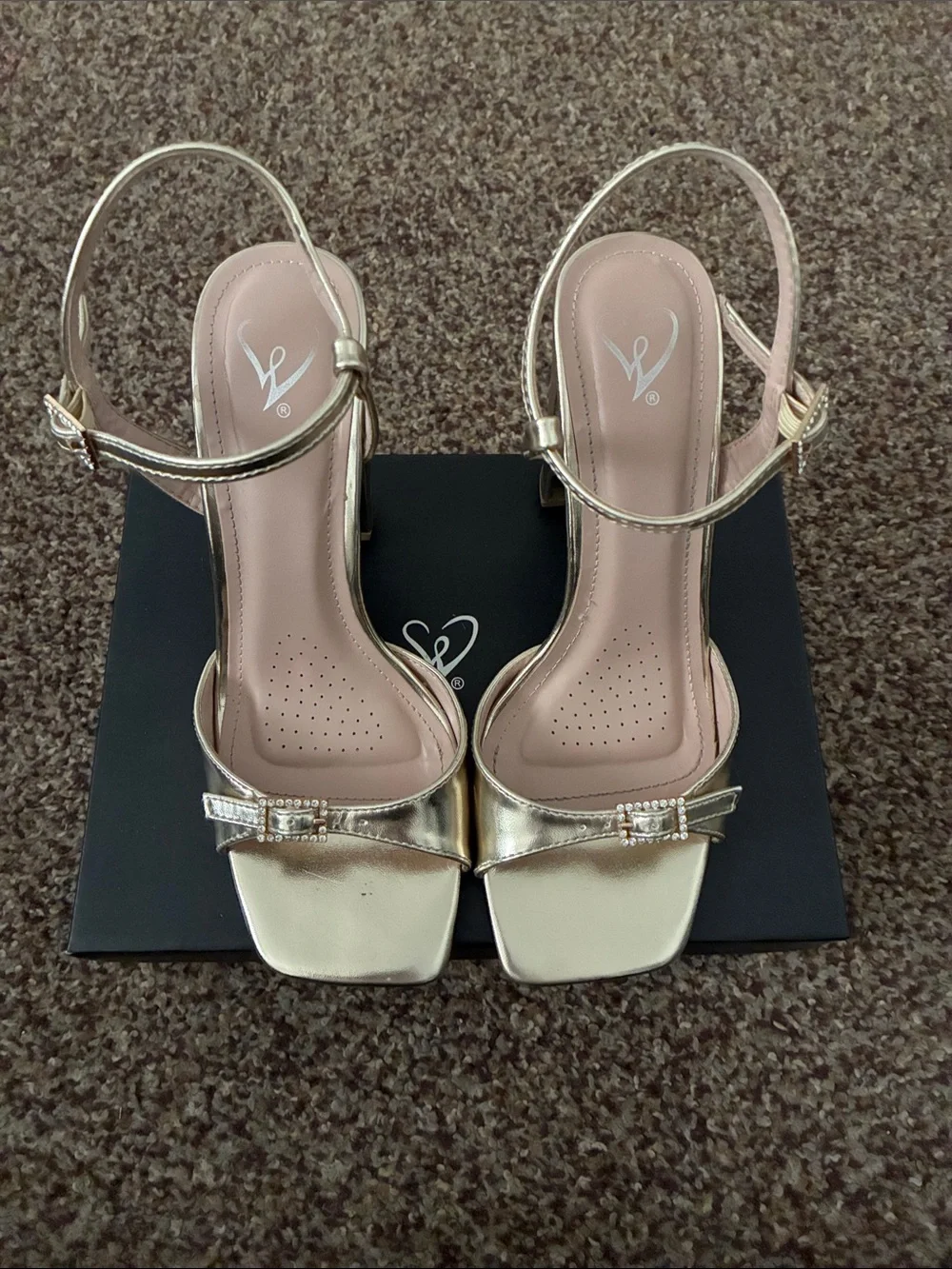 Windsor Gold Block Heel Sandals with Rhinestone Buckle Accent